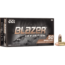 Blazer Ammunition, Blazer Brass, 9mm, 115 GR, FMJ, 50 BX