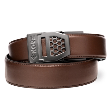 Kore Essentials, Brown Leather Gun Belt, 1.5", X6 Gunmetal Buckle